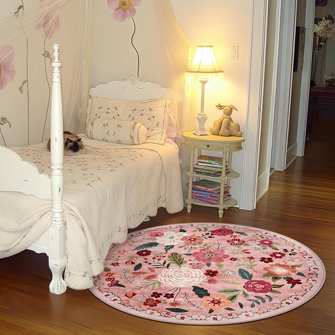 4ft Round Machine Washable Area Rug for Living Room, Dark Pink Vintage Boho Floral Rug Non-Slip Low Pile Soft Faux Wool Carpet Kids and Pets Friendly for Bedroom Nursery Farmhouse Home Decor Rug