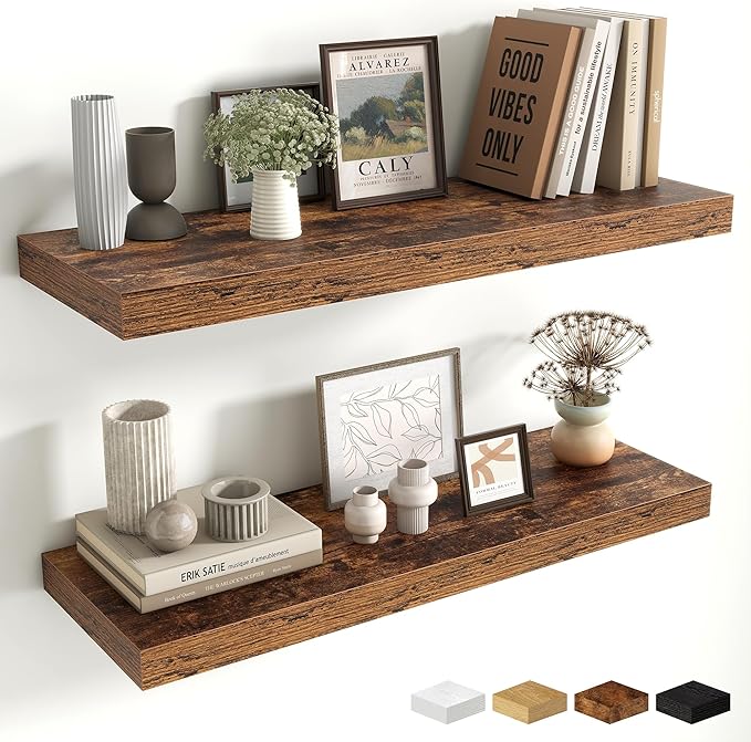 Fun Memories Floating Shelves for Wall, 30 Inch Long Floating Shelves Set of 2, 30 x 10 Wooden Shelves for Wall, Large Storage Shelves, Hanging Shelves for Bathroom Kitchen Bedroom, Rustic Brown