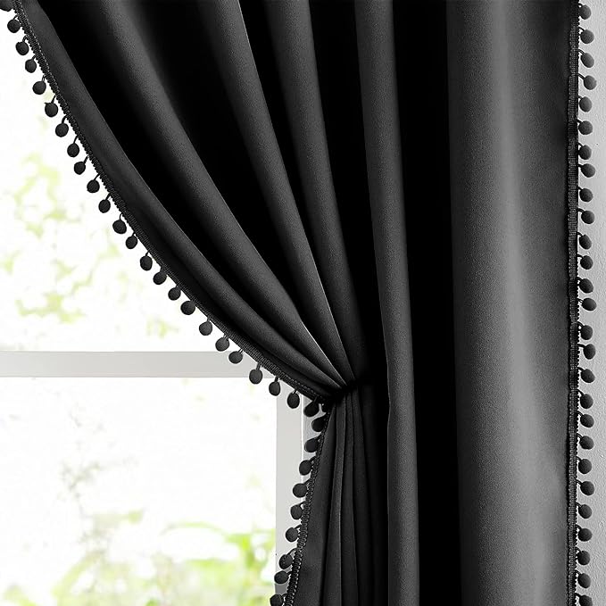 Treatmentex Pompom Blackout Curtains Bedroom Black 84 inch Length Windows Drapes Triple Weave Thermal Insulated Curtain Panels for Nursery Room Studio Hotel 52" w x2 Panels Rod Pocket