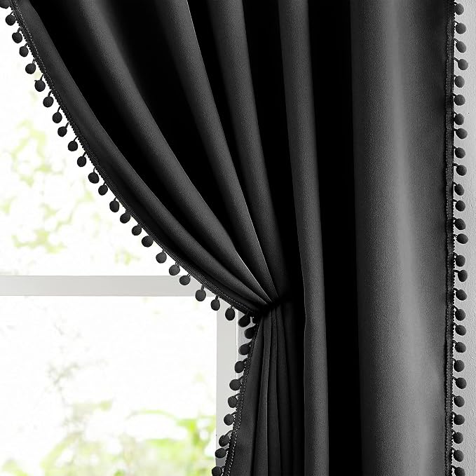 Pompom Blackout Window Curtains 54 Inch Black Thermal Insulated Curtain Drapes for Small Laundry Basement Room Thermal Insulated Curtain Set 2 Panels
