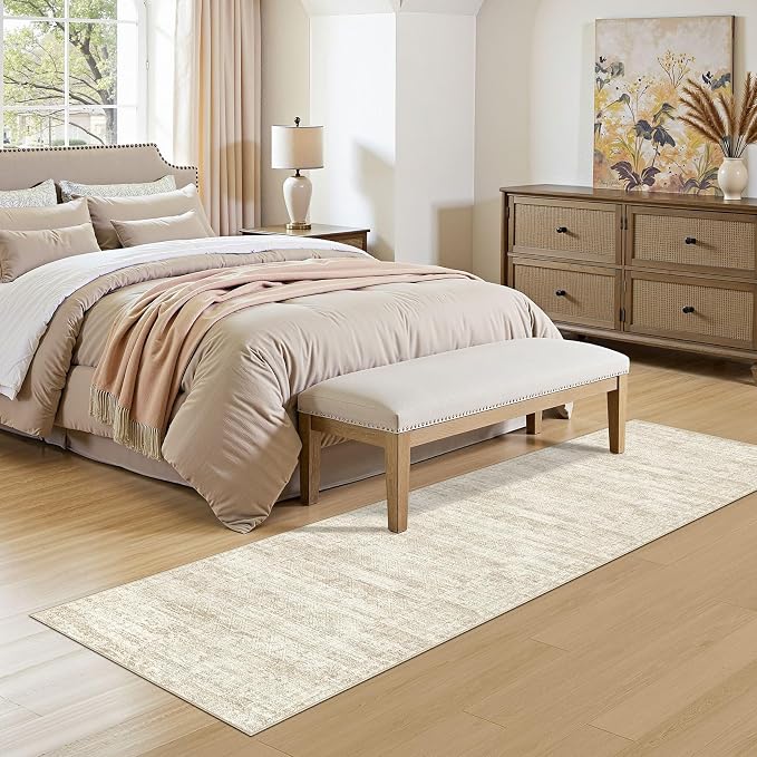 UERMEI 3x8 Washable Runner Rug for Hallway, Non Slip Low Pile Kitchen Carpet, Neutral Modern Abstract Indoor Floor Mat for Entryway Laundry, Kid & Pet Safe High Traffic Area, Beige/Brown