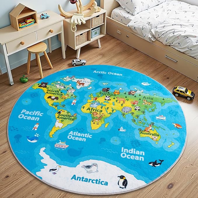 Kids Playroom Rug, 4x4ft Round World Map Rugs with Cute Animals, Washable Durable Soft Carpet Kid Educational Rugs for Boys Girls Bedroom Nursery Classroom