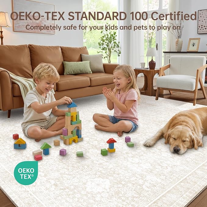 Sasttie 5x7 Area Rugs, Ultra-Soft Washable Rug, Low Pile Foldable Thin Carpets with Non-Slip Backing, Skin-Friendly Stain Resistant Carpet for Living Room, Bedroom, Kitchen, Dorm, 5x7, Cream