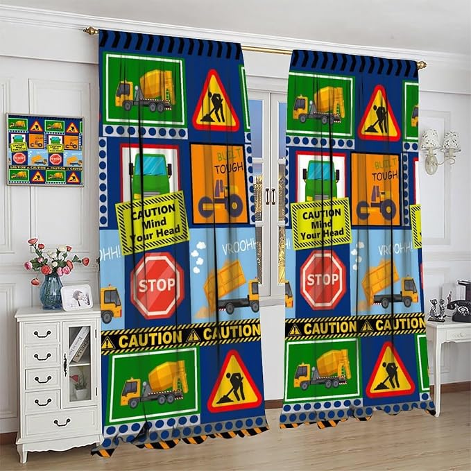 Kids Construction Blackout Curtain,Equipment Trucks Cartoon Car Vehicles Green Plaid Window Curtains Dining Room Living Room Kitchen Cafe Bedroom Office Nursery Drapes Decor,42x45 in