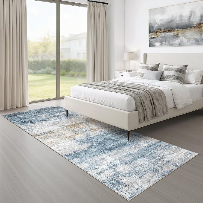 Runner Rug Non-Slip Kitchen Rug: 3x10 Washable Abstract Modern Soft Stain Resistant Indoor Floor Neutral Accent Throw Carpet for Hallway Bathroom Laundry Room Bedroom Entryway- Blue Gold