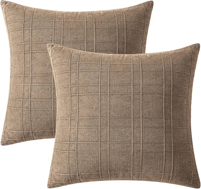 MIULEE Decorative Linen Check Throw Pillow Covers Neutral Farmhouse Vintage Pillow Covers 18x18 Set of 2 Boho Modern Winter Home Decor for Sofa Couch Bedroom Cushion Light Brown