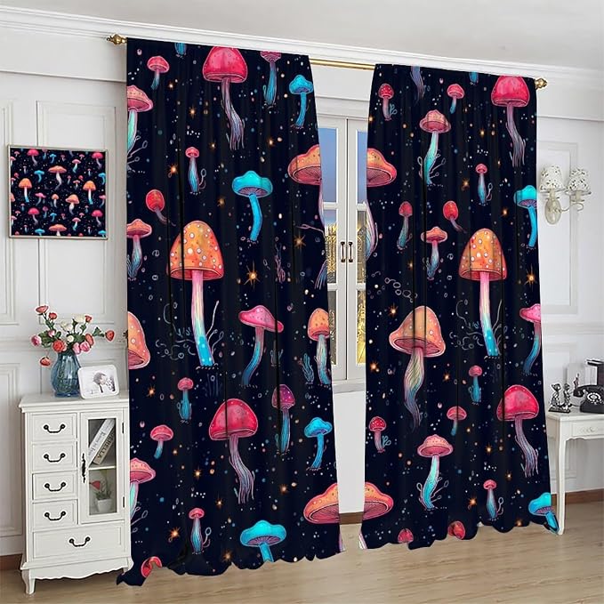 Fantasy Mushroom Curtains,Colorful Plant Print Window Treatments for Bedroom Living Room Kitchen Cartoon Herbs Floral Polyester Fabric Window Drapes 2 Panels Set,Total Size 72 x 63 Inch