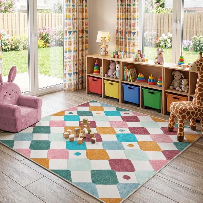 jinchan Macy Area Rug for Kids Room 5'x5' Square Rug Modern Colorful Nursery Rug Checkered Diamond Play Mat Washable Soft Non Slip Carpet for Playroom Bedroom Dorm Daycare Confetti on Cream