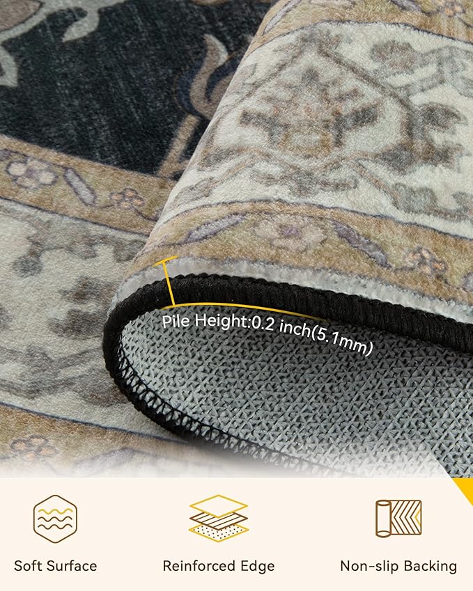 RELEANY Area Rugs Round 7ft Washable Non-Slip, Floral Vintage Distress Medallion Carpet for Living Room Bedroom Dining Room, Vintage Black Brown Neutral