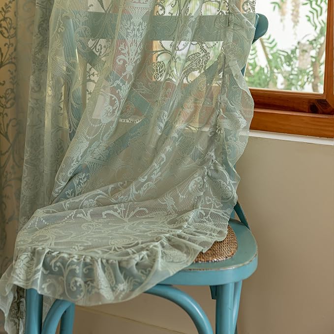 TUDECO Sage Green Sheer Curtains 45 Inch Length- Romantic Small Lace Cafe Half Curtains for Windows, Rod Pocket Floral Ruffle Privacy Short Window Treatment for Kitchen Bathroom, 59 x 45 Inch