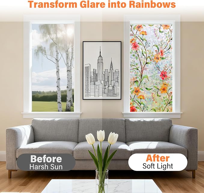 Finnez Floral Stained Glass Window Film, Rainbow Static Cling Privacy, No Glue Removable for Home Sliding Glass Doors, 35.4"x157.4"