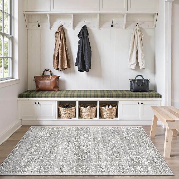 Soalmost 3x5 Area Rugs for Entryway, Washable Neutral Soft Rug Grey | Vintage Floral Low Pile Non-Slip Throw Area Rugs, Accent Rug Floral Indoor Mat for Bedside Living Room Kitchen Bedroom 3'x5'