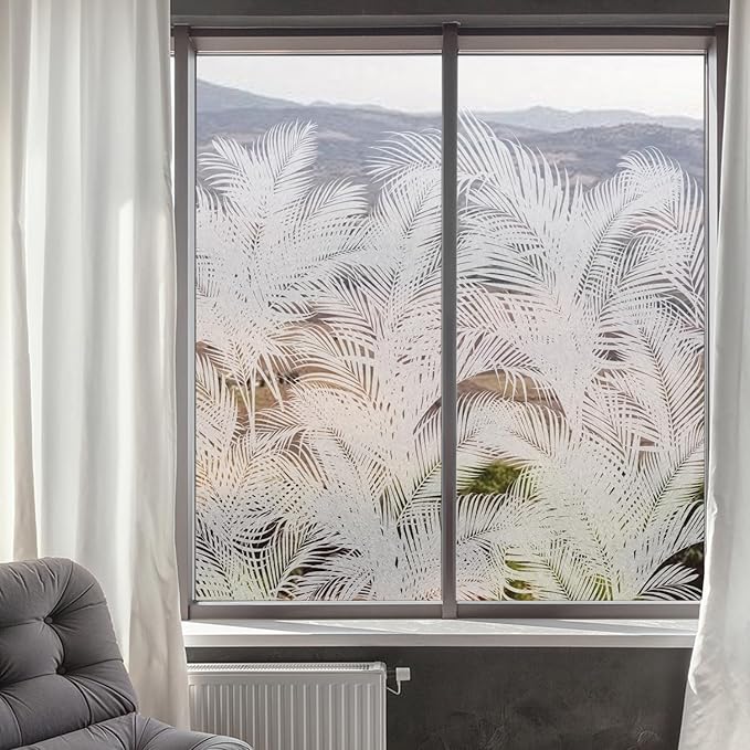 Modern Botanical Frosted Window Privacy Film, Etched Glass Window Film Decorative Abstract Plants, Thickened Floral Shadow Palm Leaf Window Cling Privacy Film 22.83"X47.24"