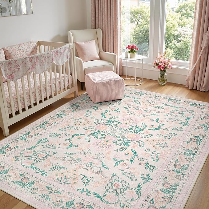 DCX 8x10 Pink Rug, Floral Rug for Girl’s Bedroom, Cute Soft Low Pile Non Slip Stain Resistant Machine Washable Indoor Décor, Kid & Pet Friendly Nursery Carpet for Living Room, Dorm, Playroom