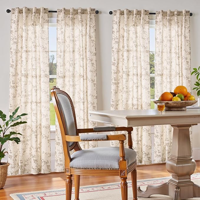 jinchan Taupe Floral Linen Curtains 84 Inch Farmhouse Back Tab 2 Panels | Taupe on beige, light filtering, farmhouse, rustic, country, flower, privacy, bedroom, living room, office, window treatment