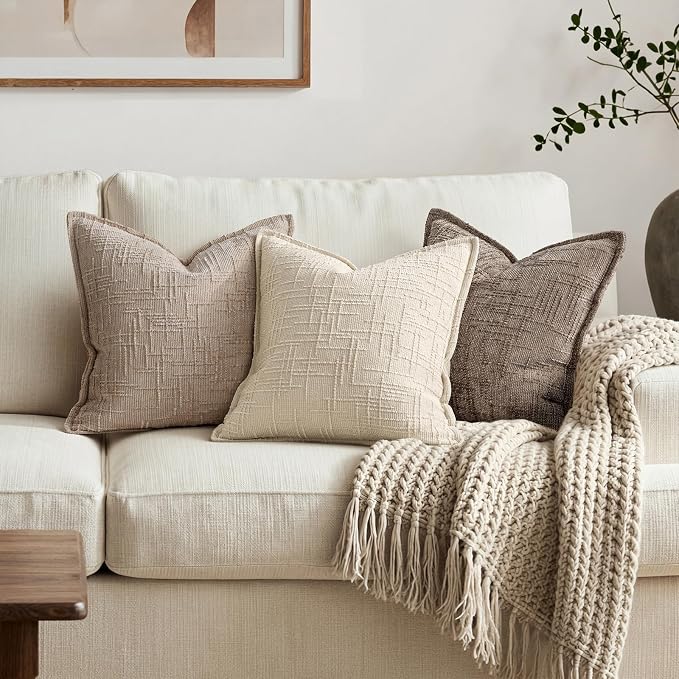 MIULEE Slubby Textured Decorative Throw Pillow Covers 18x18 Inch Set of 2 Boho Farmhouse Soft Cozy Chenille Pillows Cushion Cases Modern Neutral Home Decor for Couch Sofa Bed Living Room, Beige
