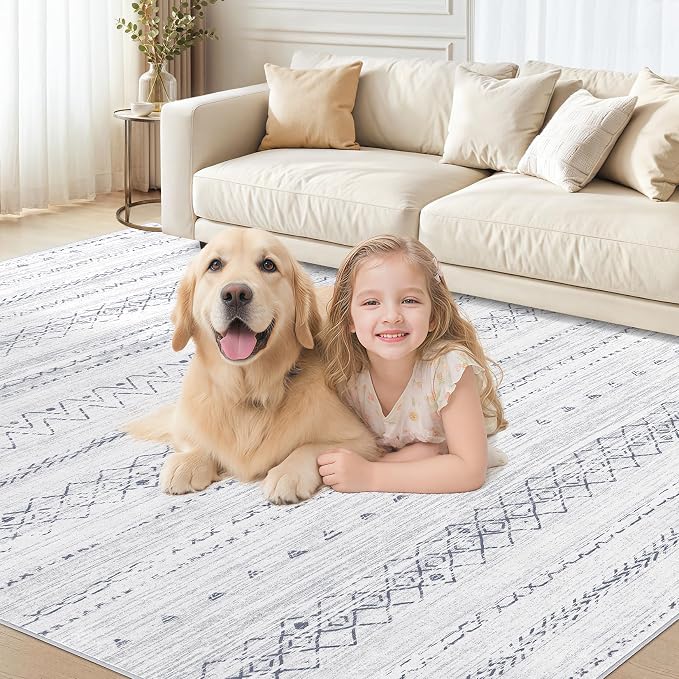 cotiled 7x9 Area Rugs Living Room Rug: Washable Boho Rugs with Non Slip Backing Large Soft Indoor Stain Resistant Carpet for Bedroom Farmhouse Dining Room Lightweight Home Decor Grey