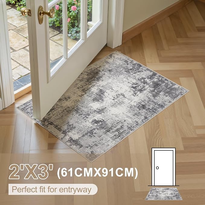 Washable Rug 2x3 Area Rugs for Entryway: Modern Abstract Neutral Soft Indoor Carpet for Front Door Kitchen Bathroom Bedroom Laundryroom - Grey