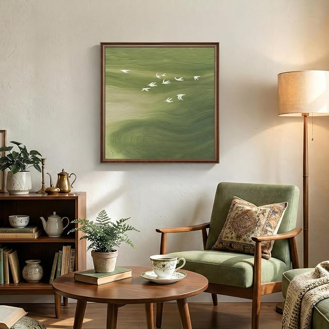 Vintage Framed Green Abstract Wall Art, Modern Minimalist Sage Green Canvas Prints Artwork for Walls, Rustic Square Birds Pictures for Living Room Bedroom Dining Room Bathroom Wall Decor, 24x24 In
