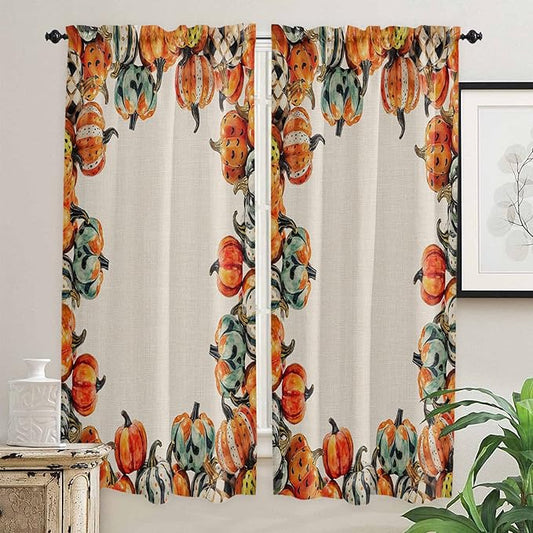 Kitchen Tier Curtains 72 inches Long, Fall Thanksgiving Watercolor Pumpkin Autumn Harvest Window Curtains for Living Room Bathroom,Rod Pocket Light Filter Drapes Half Window Treatment Tiers 2 Panels