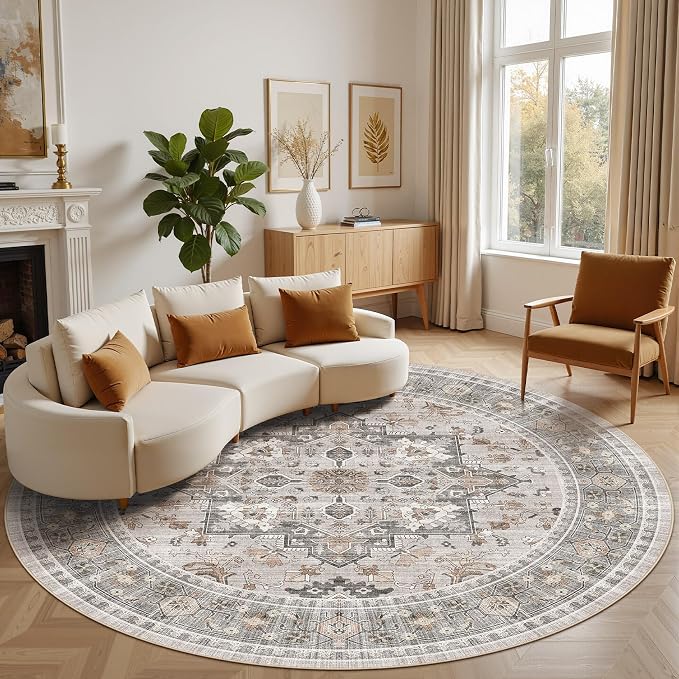 8ft Round Area Rug: Washable Vintage Neutral Soft Non Slip Thin Large Floor Carpet for Living Room Bedroom Kitchen Dining Room Home Office Farmhouse Indoor - Taupe