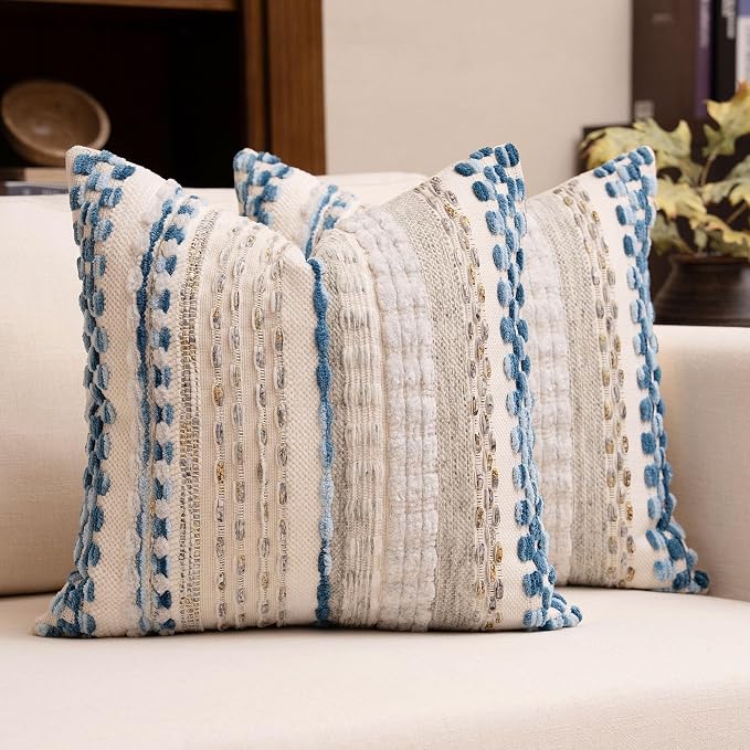 Boho Chenille Tufted Throw Pillow Covers 18x18 Inch Set of 2 Farmhouse Grey Blue Woven Striped Decorative Pillowcases for Couch Sofa Bed