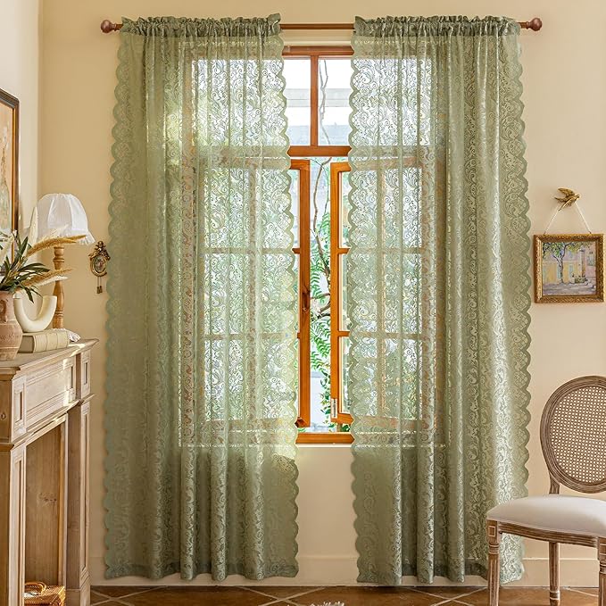 ALIGOGO Sage Green Lace Curtains 96 Inches Long - Country Rustic Floral Lace Sheer Curtains 2 Panels Set for Living Room, Privacy Scalloped Window Drapes, 52 x 96 Inch, Sage Green