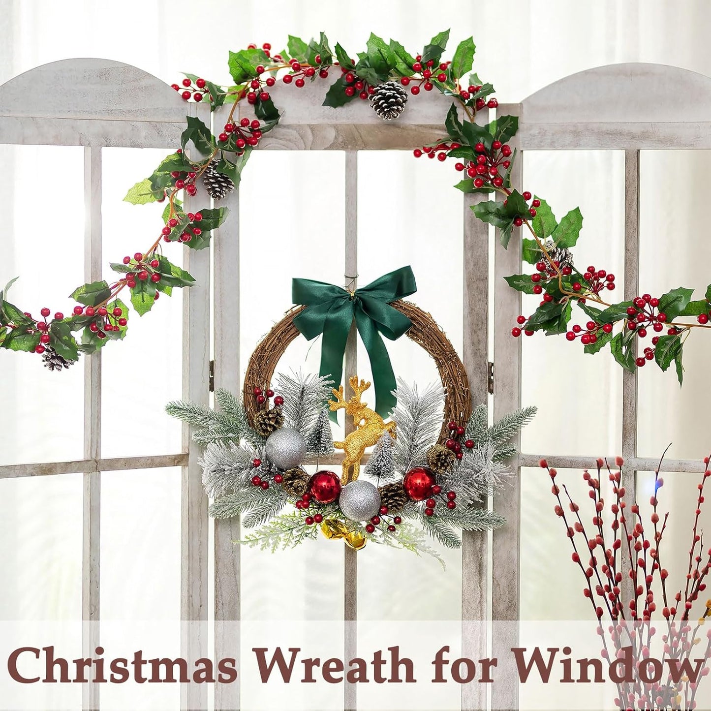 Christmas Door Wreath Lighted Xmas Wreaths - Walasis Winter Wreaths for Front Door Decor Outside Flocked Christmas Wreath Hanging with Lights for Wall