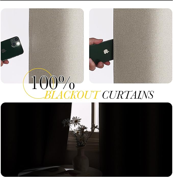 NICETOWN 100% Blackout Curtains for Bedroom 84 inches Long, Thermal Insulated & Noise Reducing Draperies for Living Room, Double Sided Faux Linen Curtains for Farmhouse, W52 x L84 in, 2 Panels, Beige