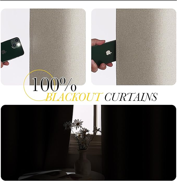 NICETOWN 100% Blackout Curtains 63 inches Long for Bedroom, Crisp Faux Linen Shield for Living Room 2 Panels, Noise Reducing & Energy Efficient, Keeping Out Cold Air and Heat, W52 x L63, Natural