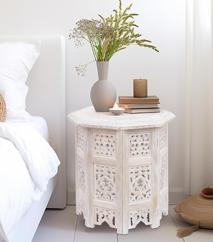 COTTON CRAFT Solid Wood End Table - Hand Carved Vintage Boho Folding Side Table - Small Spaces Entryway Accent Table - Farmhouse Living Room Bedside - No Tools Assembly - 18x18 Octagon - White Wash