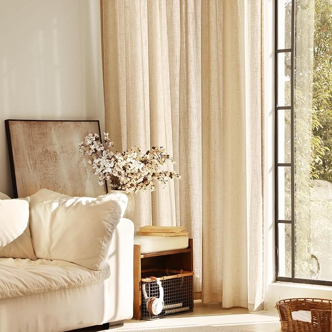 Tan Linen Curtains 120 inches Long for Living Room Back Tab Rustic Farmhouse Semi Sheer Light Filtering Window Curtain Dining Room Soft Thick Flax Linen Textured Drapes Kahki 52x120