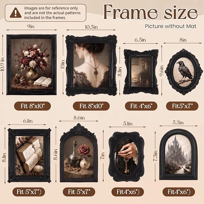 Lineshading 8 Pcs Gothic Picture Vintage Gallery Wall Frame Set, 8x10, 5x7 & 4x6 Antique Black Ornate Resin Picture Frame Collage Gothic Home Decor for Wall Tabletop Display for Bedroom
