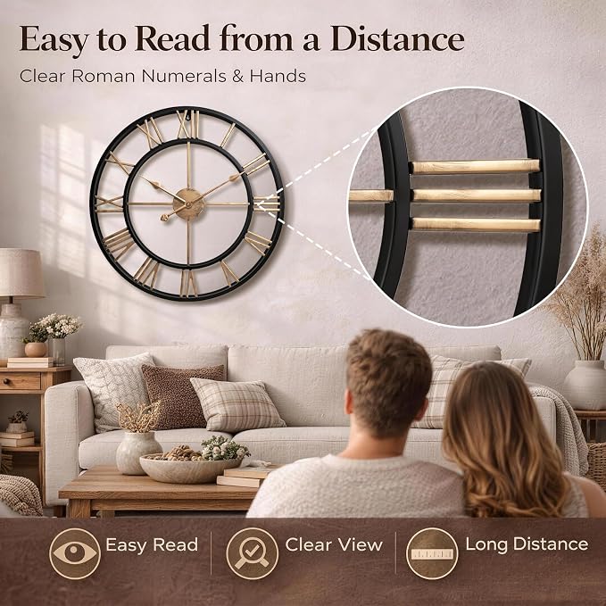Pytha Sight 30 Inch Extra Large Giant Wall Clock,Oversized Round Silent Industrial Black Metal Farmhouse Big Vintage Gold Roman Numeral Wall Clocks for Living Room,Kitchen,Bedroom Home Decor