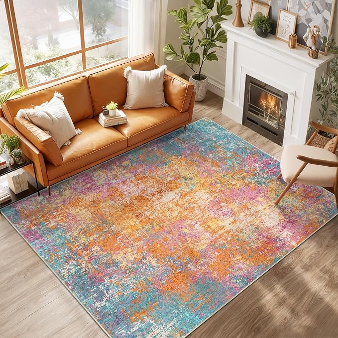 RELEANY Washable Area Rugs 5'x7' Non-Slip Modern Abstract Soft for Living Room Entryway Bedroom Kitchen, Print Pattern, Orange Blue Pink Yellow Colorful