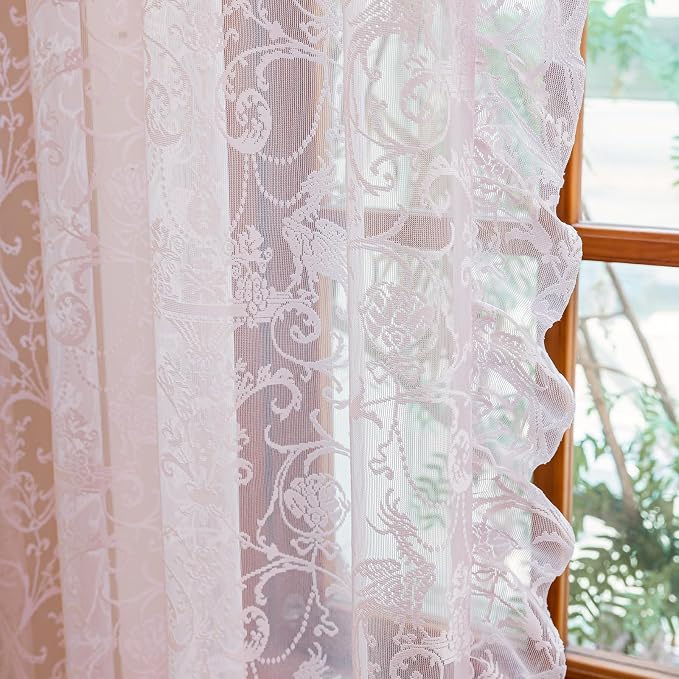 TUDECO Pink Kithen Curtains 45 Inch Length, Cute Girly Room Decor, Semi Sheer Light Pink Curtains, Floral Pattern&Ruffle Edegs, Romantic Spring Curtain, Rod Pocket Top, 59W x 45L Inch