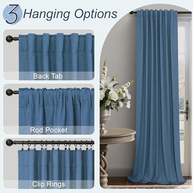 Denim Blue Back Tab Blackout Curtains 108 Inches Long 2 Panel Set Cotton Linen Textured Darkening Drapes Sound Proof Ceiling Curtain for Bedroom Living Room Divider Patio Sliding Glass Door 108 Length