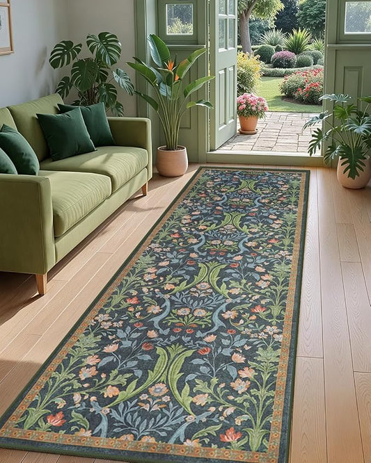 Tangsoo Washable Runner Rug for Hallway Non Slip, 2x6 Green Floral Rug Vintage Runner Rugs for Entryway, Floor Carpets Soft Low Pile Rug Runners Hallway Mats for Kitchen Bathroom Laundry Bedroom Boho