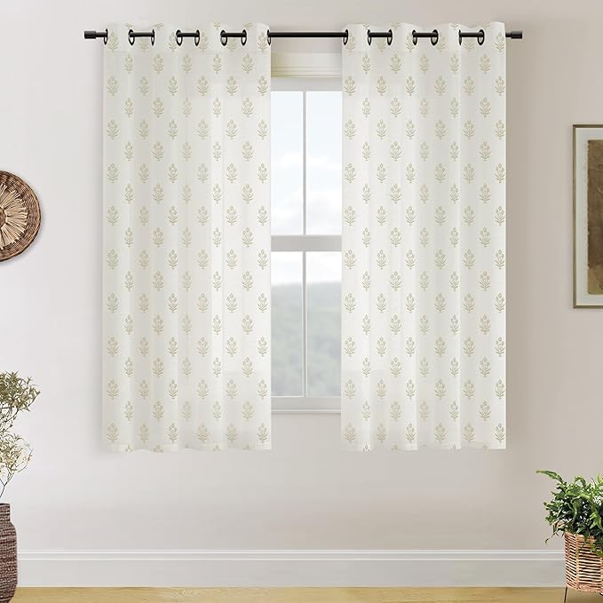 Tan Beige Floral Farmhouse Curtains, 63 Inch Length Beachy Coastal Linen Sheer Drapes for Living Room Bedroom 2 Panel Set