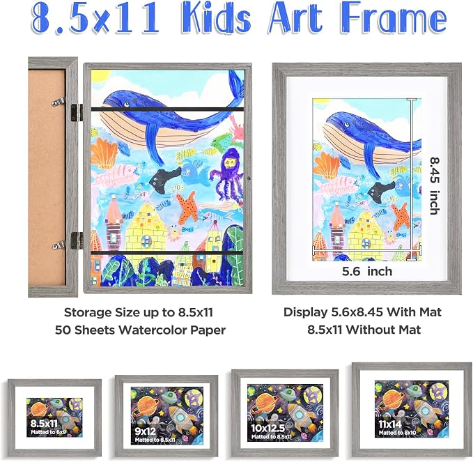 KINLINK 8.5x11 Kids Art Frame 2 Pack, Solid Wood Artwork Frames Changeable, Front Opening Hold 150 Pictures, Art Frames for Kids Artwork, 6x9 with Mat 8.5x11 without Mat, Picture Frames Grey