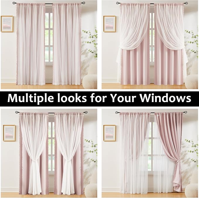 Pink Blackout Curtains with Sheer Overlay for Bedroom, Mix & Match Double Layer Pom Pom Curtains for Girl Nursery, Living Room, Rod Pocket Thermal Insulated Window Panels with Tiebacks 52W X 84L, 2pcs