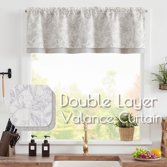 JINCHAN Linen Valance Curtain Farmhouse Grey Floral Printed Small Window Curtain for Kitchen Rustic Country Light Filtering Valance for Living Room Bedroom 16 Inch Rod Pocket 1 Panel Tan Gray on Beige
