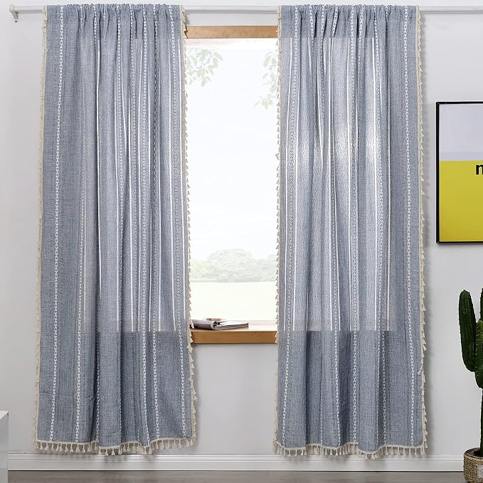 RoomTalks Blue Boho Modern Farmhouse Curtains for Bedroom Living Room 96 Inch Length 2 Panels Cottage Country Linen Window Curtain Panels Striped Bohemian Chic Tassel Draperies