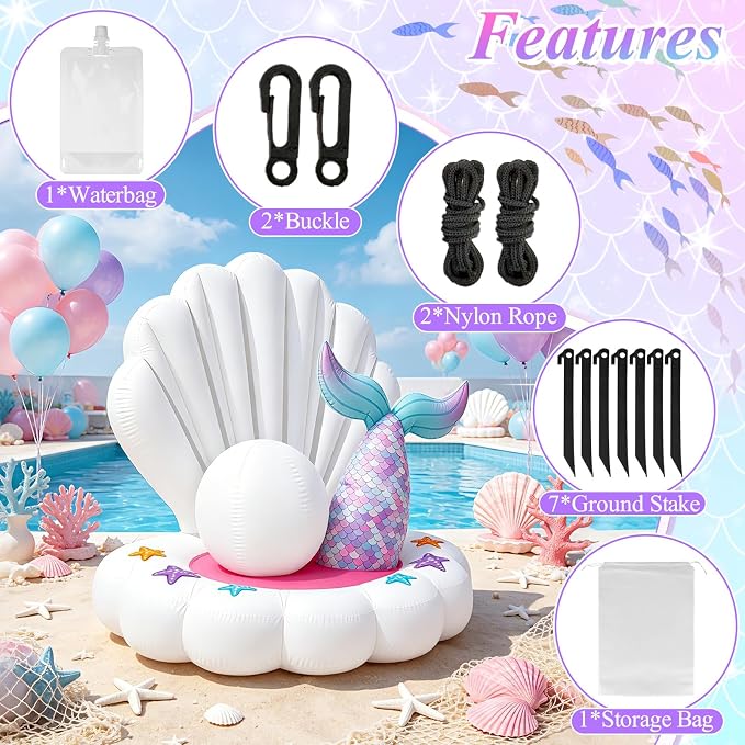 4.6FT Inflatable Seashell with Mermaid Tail for Summer Outdoor Decor, Blow Up Seashell Built-in 3 LED Lights for Mermaid Birthday & Pool Beach Ocean Party Decorations, Yard Garden Indoor Photo Props
