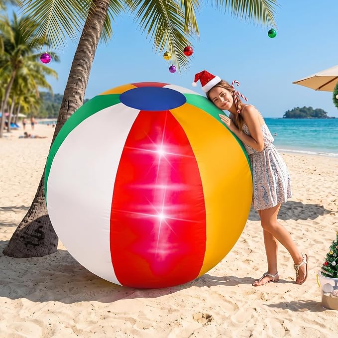 VIHOSE Summer Inflatable Beach Ball Outdoor Decoration 4 ft Summer Blow up Inflatable Pre-lit LED Lights Beach Party Decor for Outdoor Yard Garden Tropical Pool Decor Party Supplies