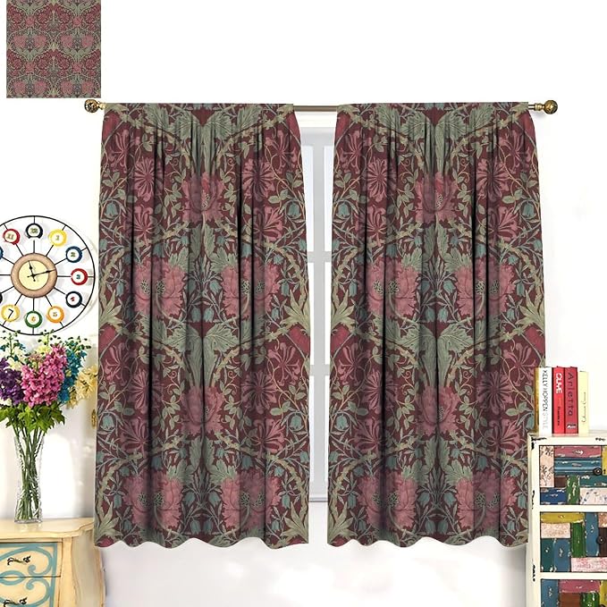 William Morris Art Vintage Flower Curtains, Rustic Retro Plant Nature Floral Print Blackout Window Treatments Drapes, for Living Room Bedroom Kitchen 21(W)*45(L) 2 Panels