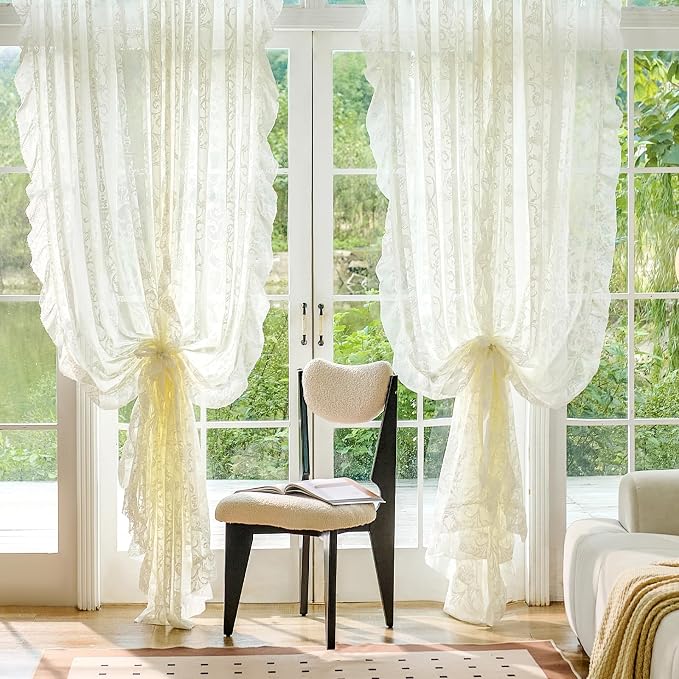 TUDECO Cream Lace Curtains 80 Inch Length, Floral Sheer Vintage Bedroom Decor, Ruffle Curtains 2 Panels, Light Filtering&Privacy, Rod Pocket Cute Decor for Living Room, 59W x 80L Inch