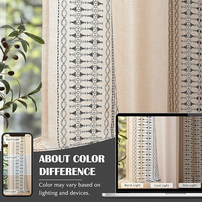 jinchan Boho Curtains Embroidered Linen Blend Window Curtains for Bedroom, Drapes 84 Inch Length 2 Panels Set, Geometry Grommet Bohemian Window Treatments Set for Living Room Black on Beige