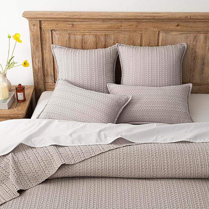 Foindtower Set of 2 Decorative Cotton Waffle Weave Throw Pillow Covers Euro Shams Cushion Covers Accent European Pillowcase for Bed Couch Sofa Bedroom Living Room Home Decor 22×22 Inch Tan Beige