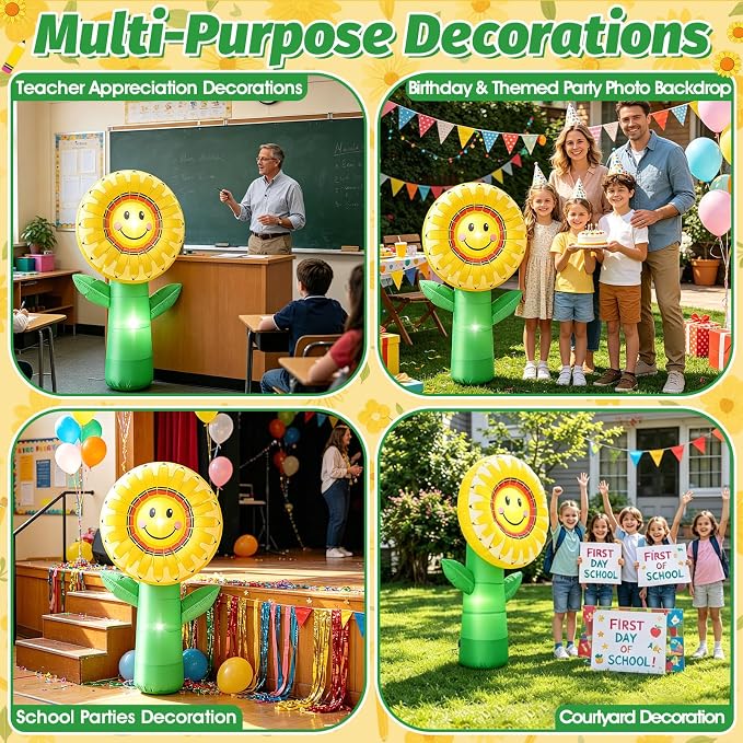 5FT Back to School Inflatable Outdoor Decorations Sunflower Pencil Blow Up Built-in 2 LED Lights Smiley Flower Welcome Yard Decor for First Day of School Kindergarten Preschool Photo Props